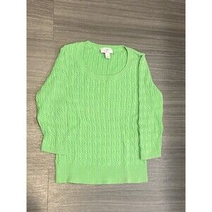 Ann Taylor Loft Cable Knit Sweater Green Size Small Petite 3/4 Sleeves Fishermen